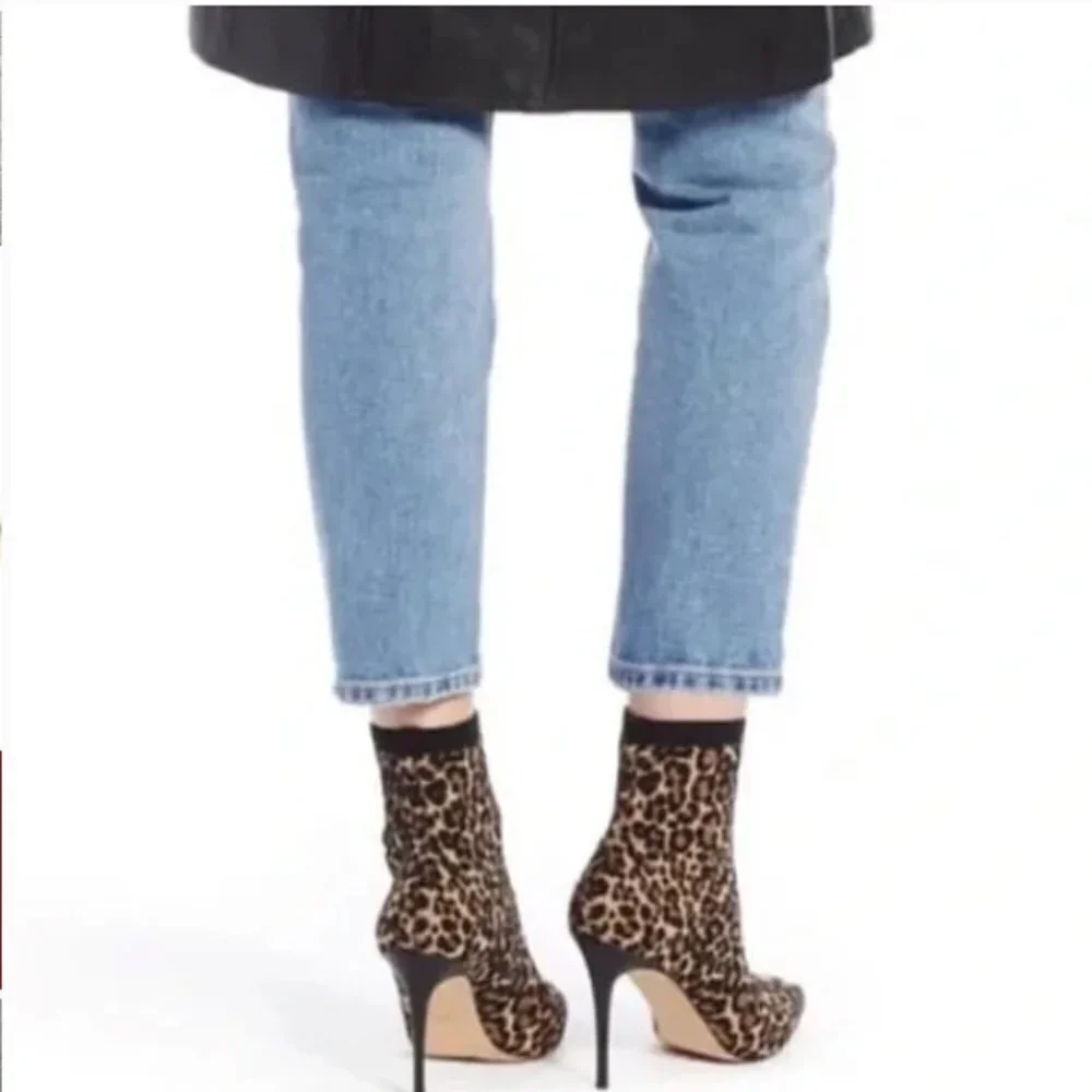 Something Navy Leopard Print Knit Heels Sock Boots 5